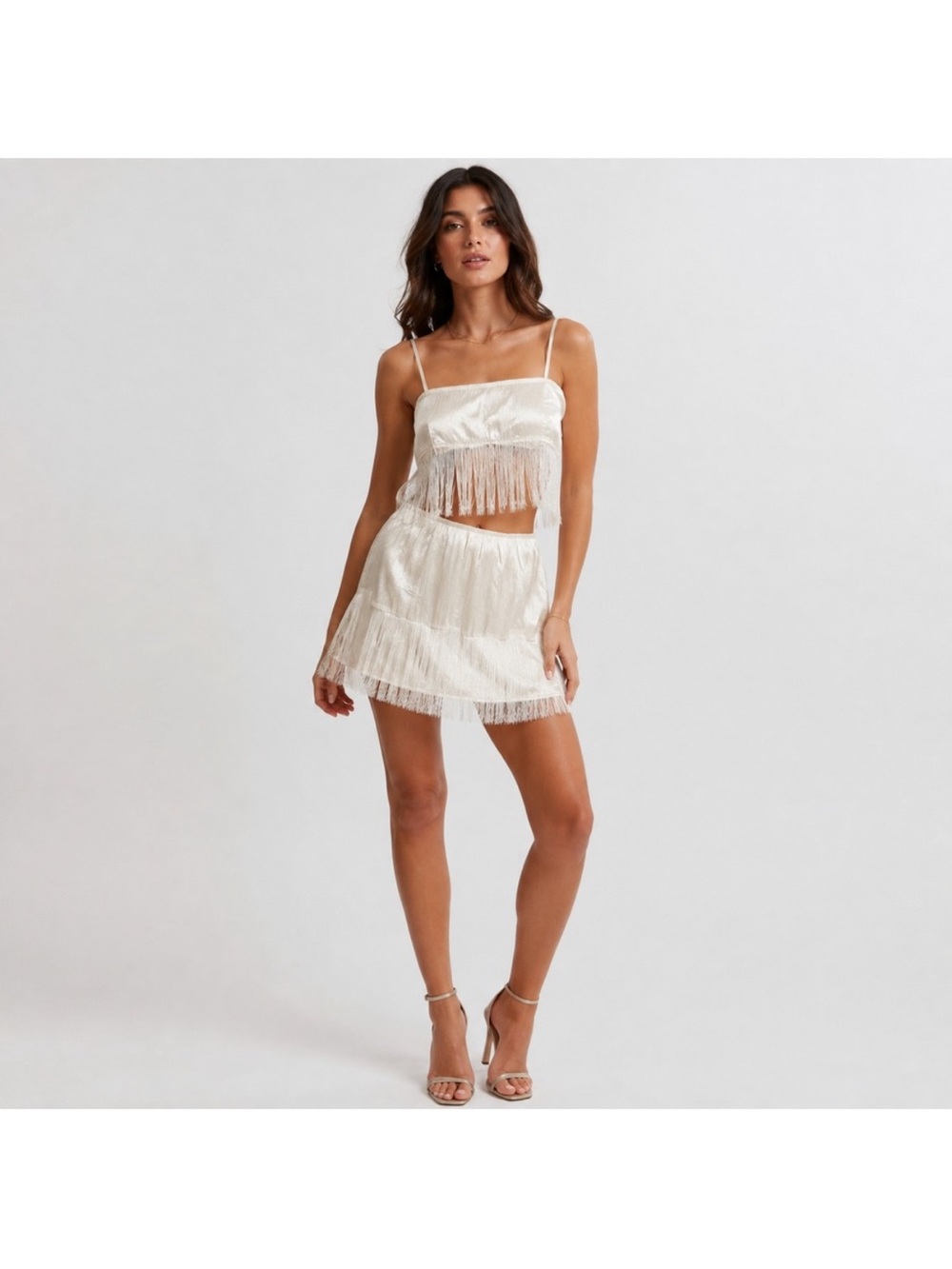 12th Tribe Cream Strapless Fringe Two-Piece Dress Set